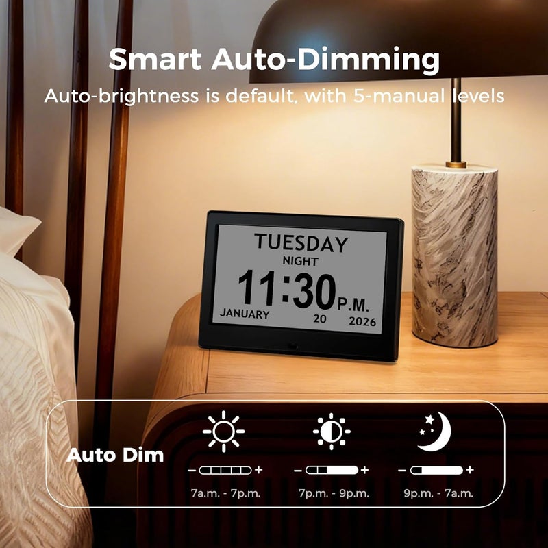Pastigio 7'' Digital Clock, Dementia Clock With Date And Time, 10 Reminders, 6 Alarms, Auto-Dimming, Auto DST, Remote Control, Large Display Alarm Clock For Seniors, Gifts For People With Dementia, Alzheimers - Image 4